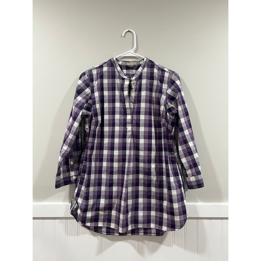 Duluth Trading Co Quarter Button Top 3/4 Sleeve Plaid Purple Women Sz Small